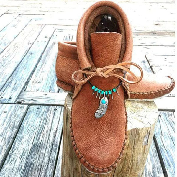 🌞LAST DAY 50% OFF⏰Boho Moccasin Boots for Women – Turquoise & Feather Accent | Orthopedic Foot Support