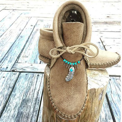 🌞LAST DAY 50% OFF⏰Boho Moccasin Boots for Women – Turquoise & Feather Accent | Orthopedic Foot Support
