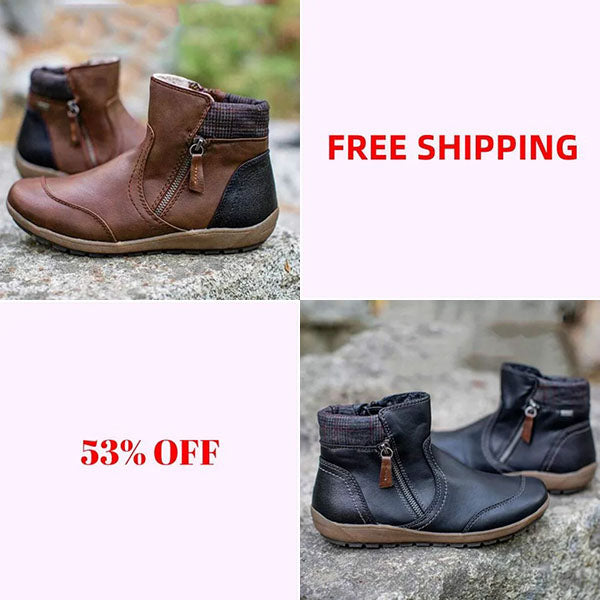 💝Last Day Promotion 50% OFF - Women's Retro Round Toe Waterproof Zip Leather Ankle Boots