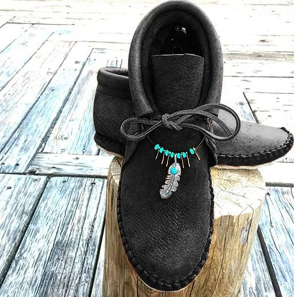 🌞LAST DAY 50% OFF⏰Boho Moccasin Boots for Women – Turquoise & Feather Accent | Orthopedic Foot Support