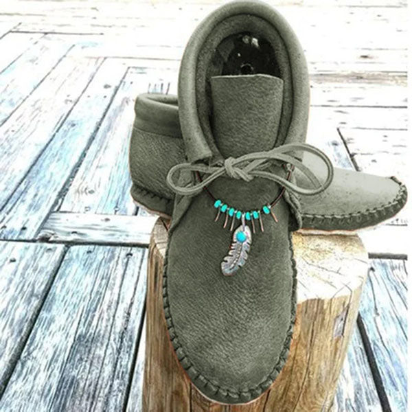 🌞LAST DAY 50% OFF⏰Boho Moccasin Boots for Women – Turquoise & Feather Accent | Orthopedic Foot Support