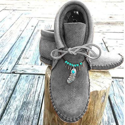 🌞LAST DAY 50% OFF⏰Boho Moccasin Boots for Women – Turquoise & Feather Accent | Orthopedic Foot Support